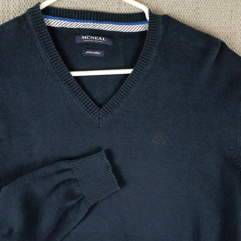 McNeal V-Neck Sweater Mens Large Navy Blue Pima Cotton Fine Knit Pullover L‎